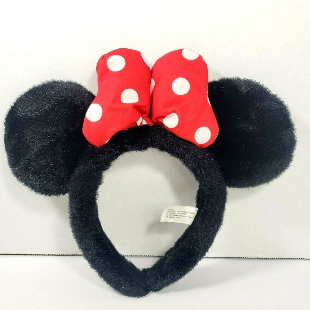 VTG Disney Parks Furry Black Minnie Ears Headband Red White Polka Dot Puffy Bow